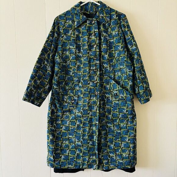 VTG MOD 60s Abstract Geometric Pattern Lined Swing Coat Jacket Green Blue Frock - Picture 1 of 7
